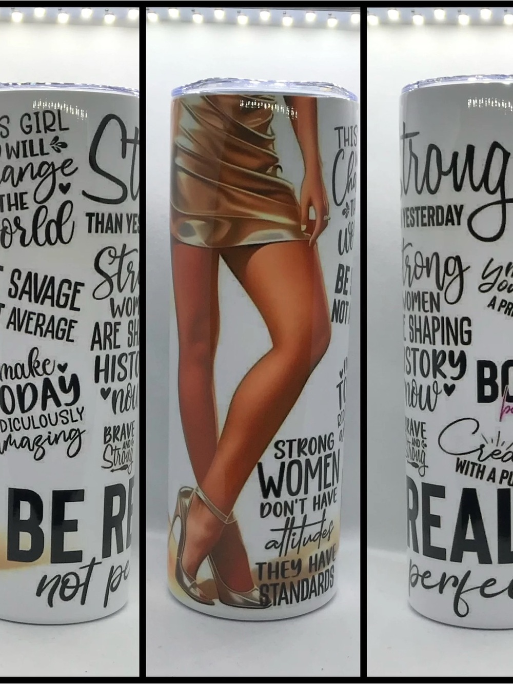 Inspirational Strong Women White Travel Tumbler with Gold Accent